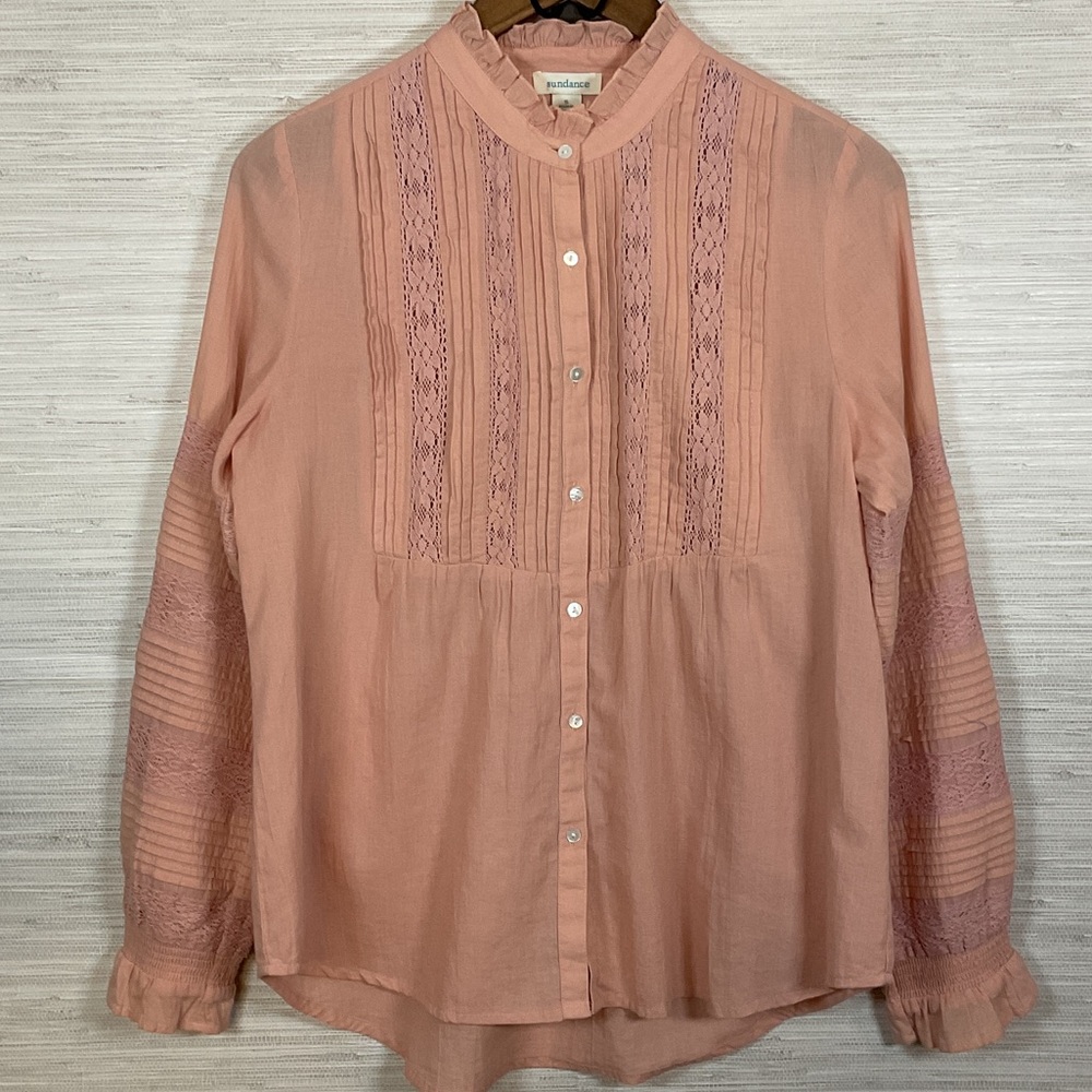 Sundance Dusty Rose Peasant Lace & Pintuck Accent Ruffle Collar Button Up Small